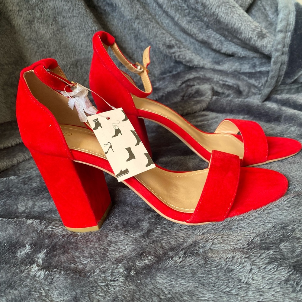 Velvet red heels. My soft ankle strap high, heeled, sandals.